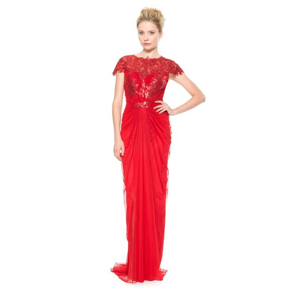 Tadashi Shoji Paillette Lace Tulle Gown Flame Red Maxi Dress Formal Size Medium - Picture 1 of 14